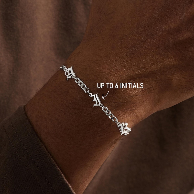 For Him Custom Initial Bracelet With Stone 18K Solid Gold 17