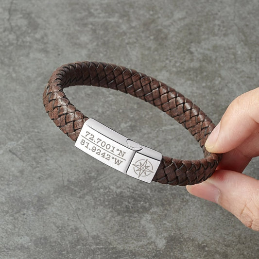 Braided Leather Bracelet With Coordinates