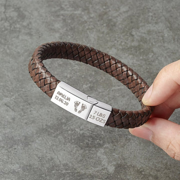 Braided Leather Bracelet With Baby Footprint