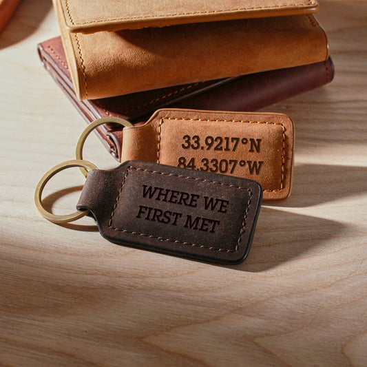 Latitude and Longitude Keychain For Him - Leather