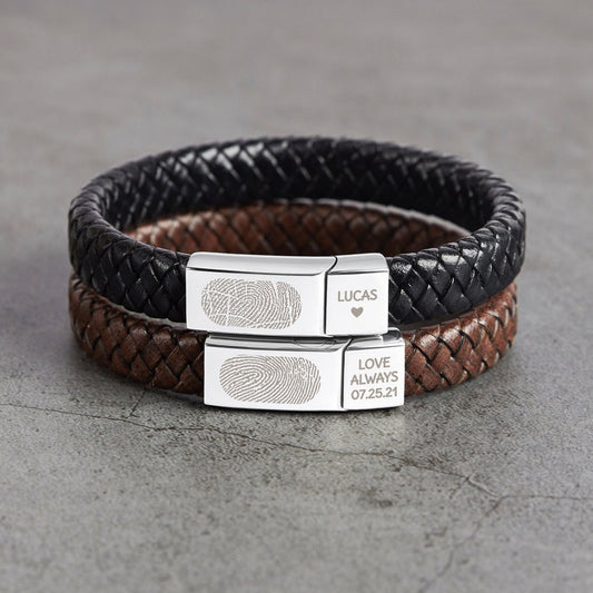 Fingerprint Braided Leather Bracelet For Men