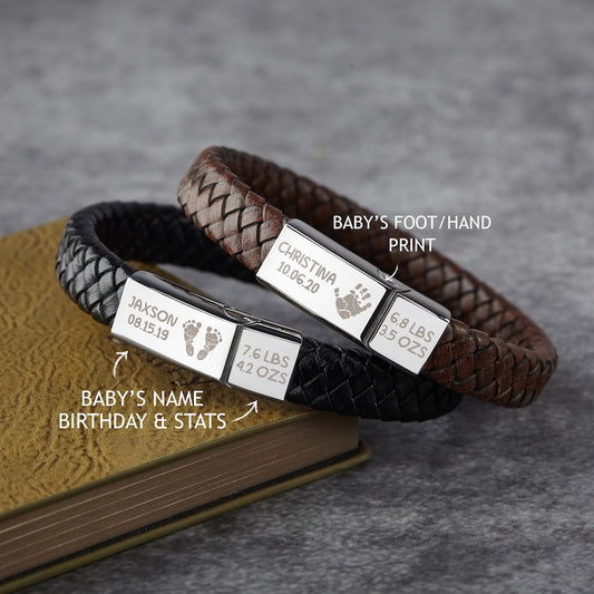 Braided Leather Bracelet With Baby Footprint