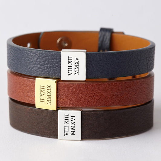 Leather Anniversary Bracelet for Him - Roman Numerals