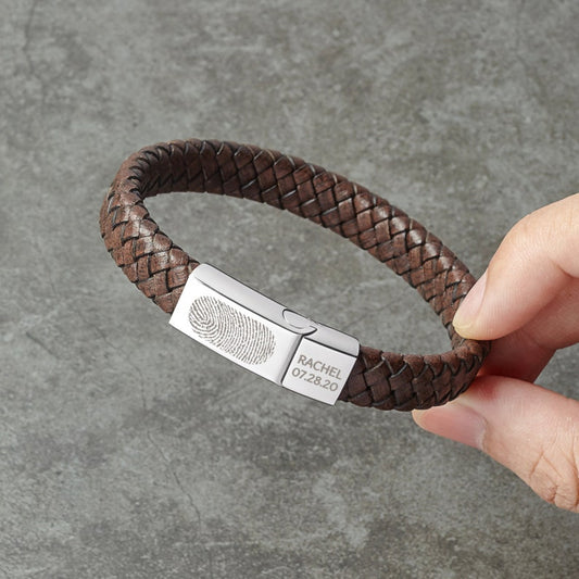 Fingerprint Braided Leather Bracelet For Men