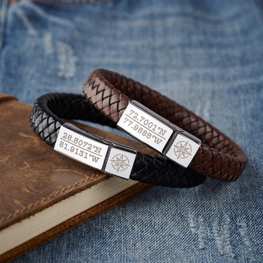 Braided Leather Bracelet With Coordinates