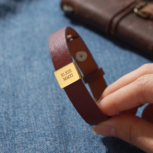 Leather Anniversary Bracelet for Him - Roman Numerals