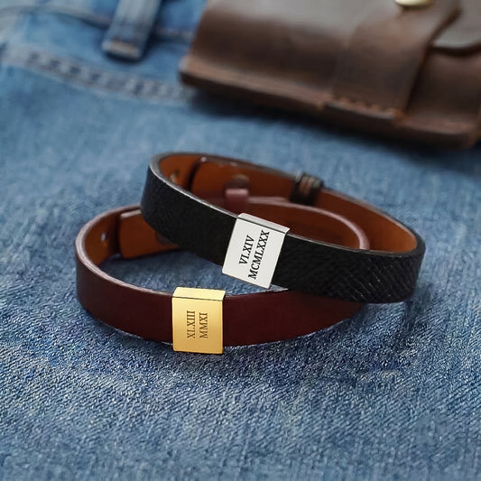 Leather Anniversary Bracelet for Him - Roman Numerals