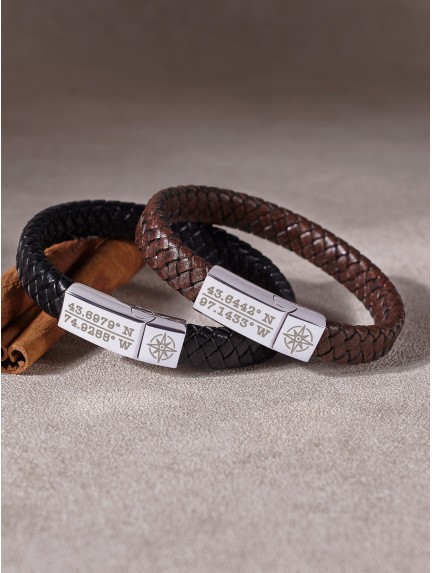 Braided Leather Bracelet With Coordinates