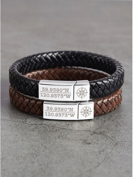 Braided Leather Bracelet With Coordinates