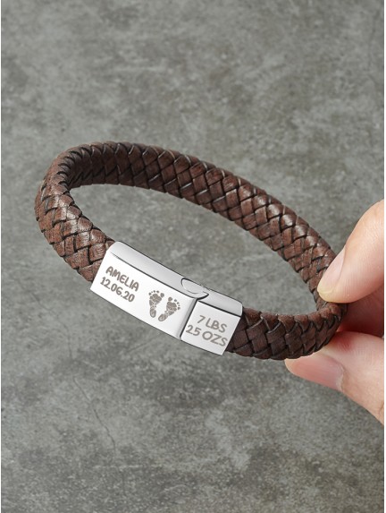 Braided Leather Bracelet With Baby Footprint