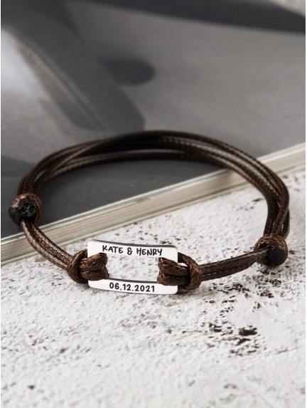 Leather Bracelet With Couple Name - Rectangular
