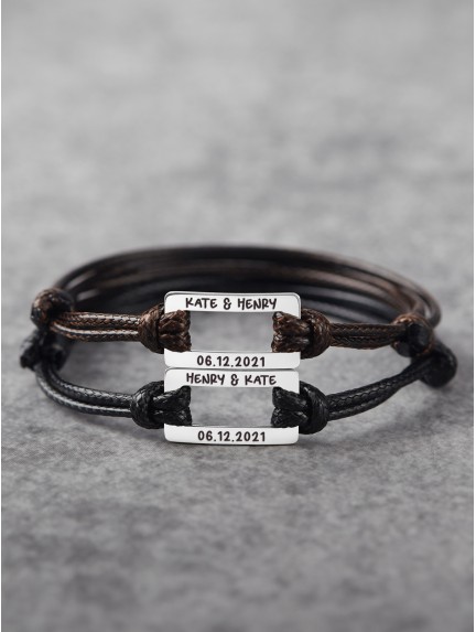 Leather Bracelet With Couple Name - Rectangular