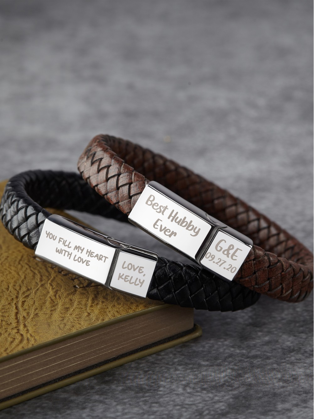 Personalized Black Mens Leather Braided Bracelet with FREE ENGRAVING Gift Box 