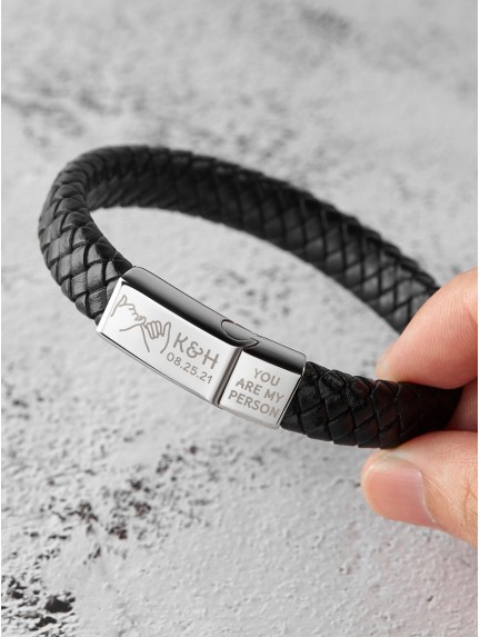 NineJewelry Personalised Couples Bracelets-Stainless Steel Braided Leather Wristband Customised Cuff Bracelet Bangle for Boyfriend Girlfriend Valentine's Day Gift