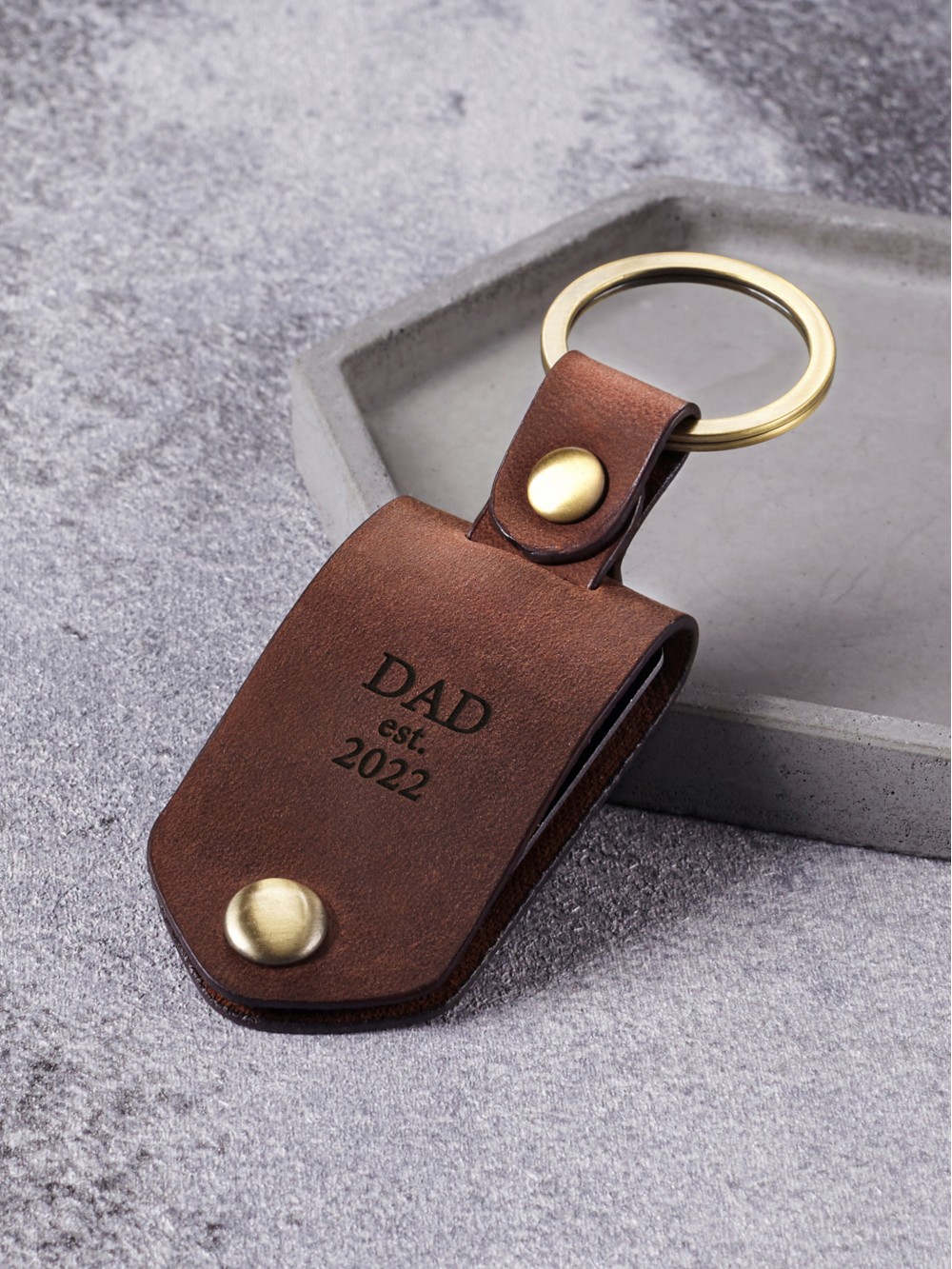 Dad EST Aluminum Keychain with Leather Case for New Dad