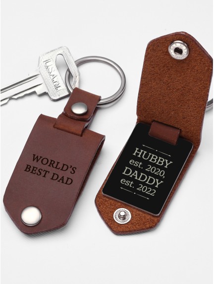 Dad EST Aluminum Keychain with Leather Case for New Dad
