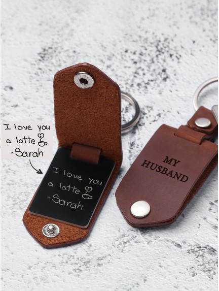 Handwriting Alumnium Keychain with Leather Case for Men