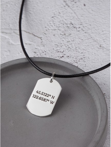 Dog Tag Coordinates Necklace for Men - Leather Cord