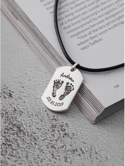 Dog Tag Necklace with Kid's Footprint - Leather Cord
