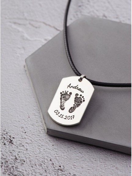 Dog Tag Necklace with Kid's Footprint - Leather Cord
