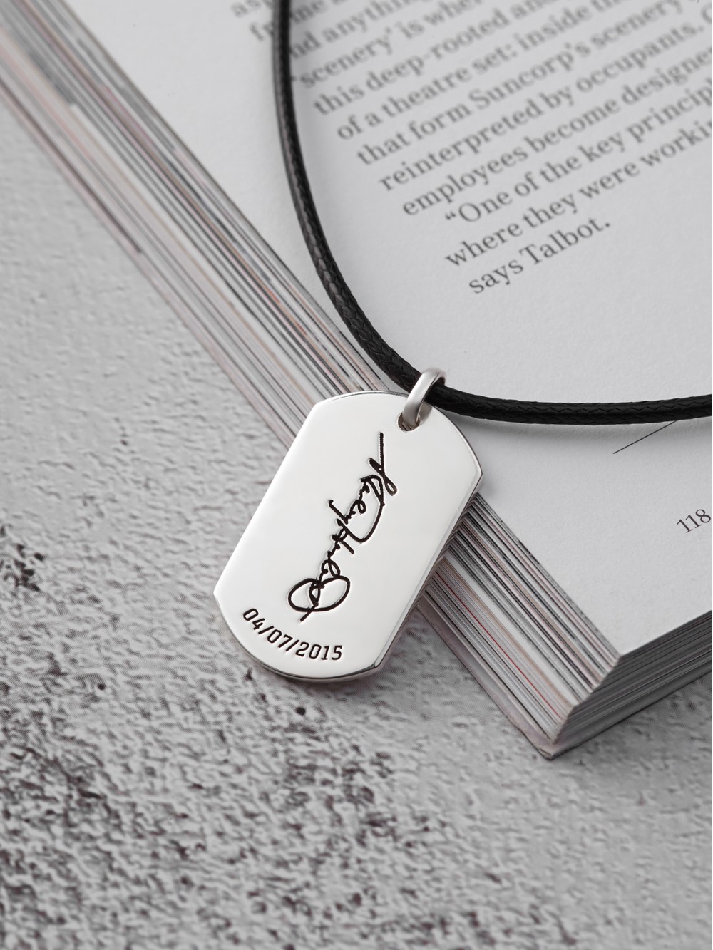 Custom Dog Tag Necklace with Signature - Leather Cord