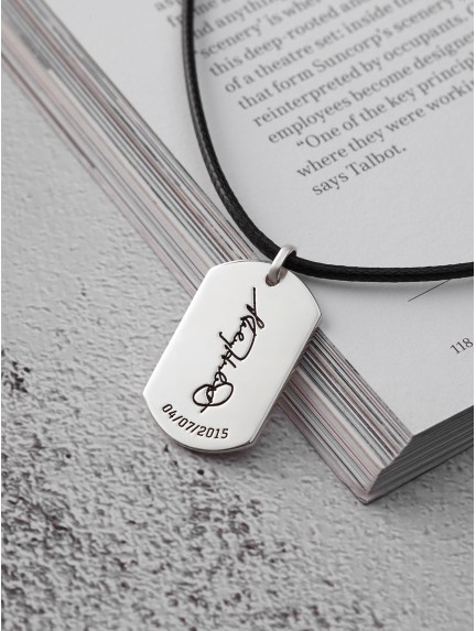 Custom Dog Tag Necklace with Signature - Leather Cord